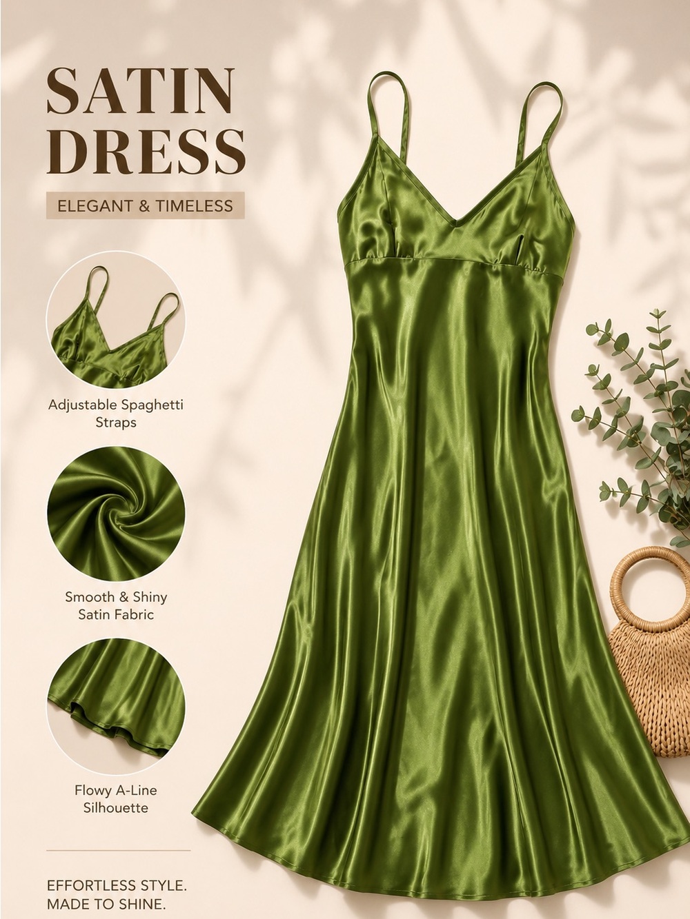 Satin Slip Dress with Adjustable Straps - Olive Green